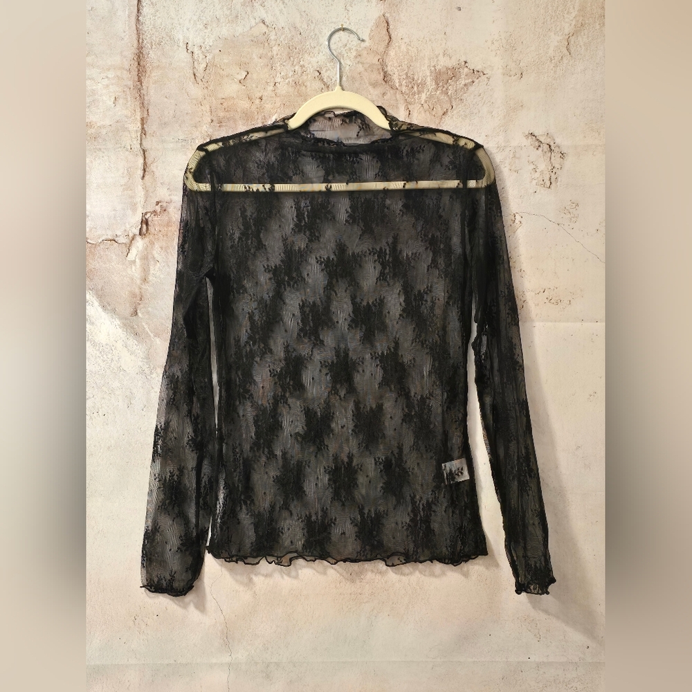 Black Stretchy Floral Lace Long-Sleeve  Lettuce Trim Mesh Top